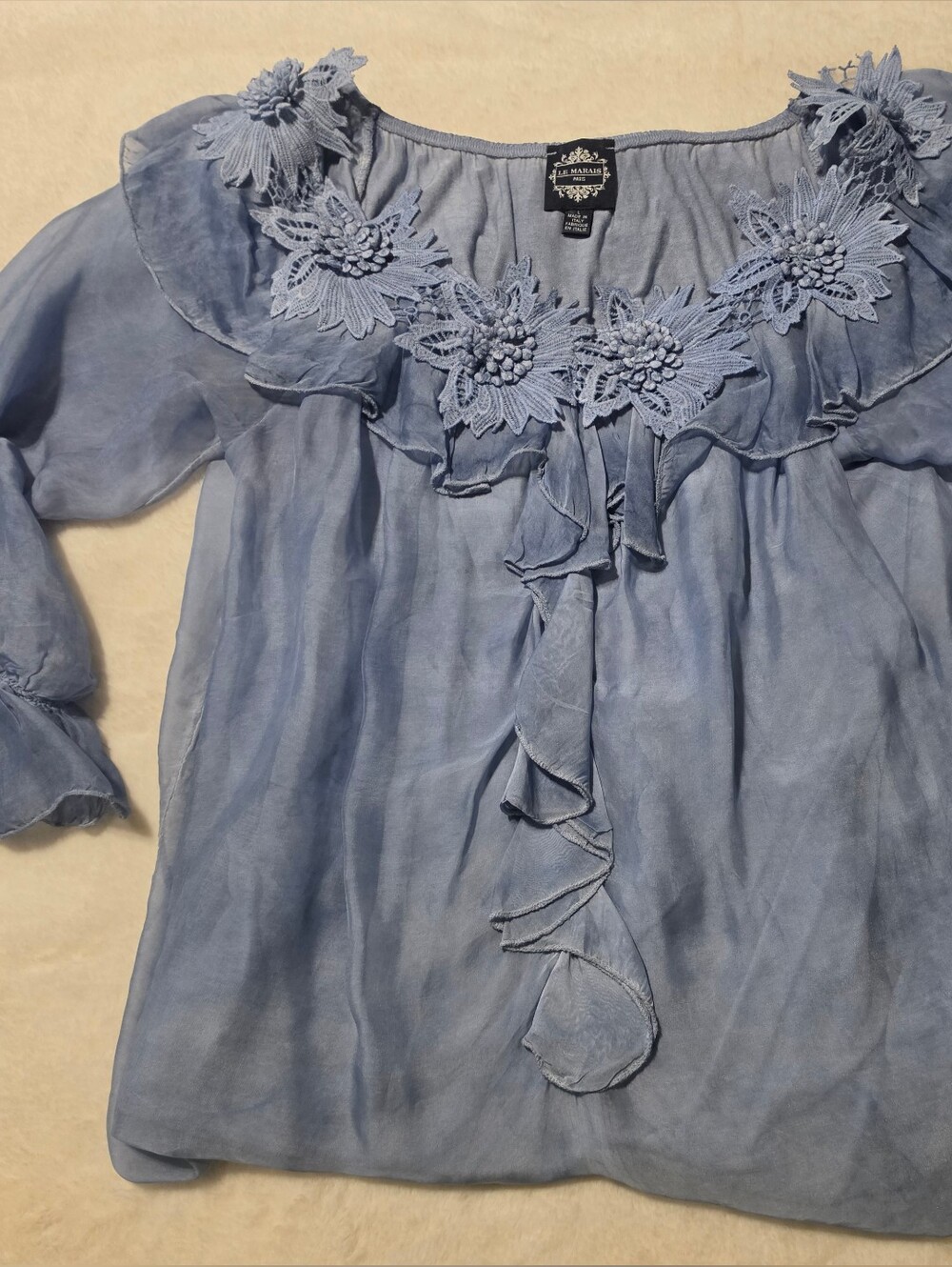 %100 Silk Large Sizs Floral-Applique Ruffle Blouse for Women